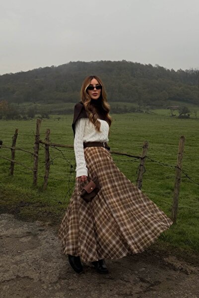 Laluvia Brown Chiffon Plaid Skirt - 0613