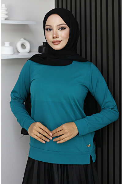 sefamerve Λεπτομερής χτενισμένη βαμβακερή μπλούζα με σχισμή 1064-02 Petrol