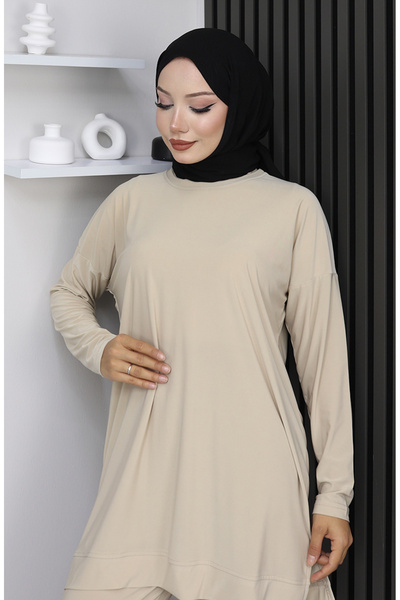 sefamerve Σετ Παντελόνι Τουνίκ από Ύφασμα Sandy Διπλό 20061-03 Μπεζ