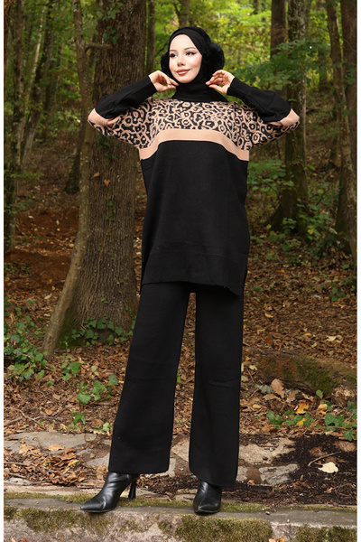 sefamerve Knitted patterned Paneled tunic pants two-piece set 1013-08 milky coffee black