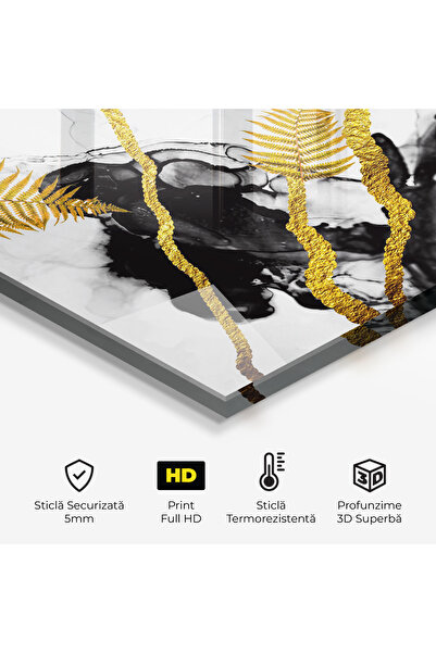 Arthub Kitchen Glass Panel, Stove Protection, Heat Resistant, Flowers, Abstract Golden Leaves