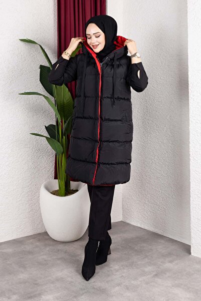 MİSSKAYLE Κόκκινο φουσκωτό γιλέκο με κουκούλα διπλής όψης