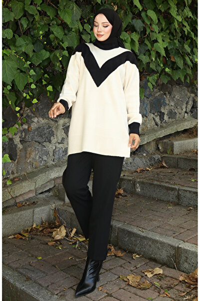 sefamerve Πλεκτό V Μοτίβο συνδυασμός υφασμάτων Τουνίκ 3017-09 Μπεζ