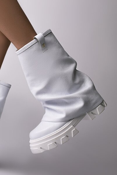 Vanilla Days White Genuine Leather High-Top Boots with Cuff