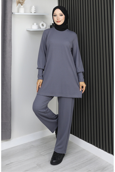 sefamerve Παντελόνι από ύφασμα Bürümcük Τούνικ Διπλό Σετ 20024A-01 Γκρι