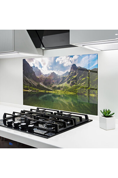 Arthub Kitchen Glass Panel, Stove Protection, Heat Resistant, Landscapes, Green Mountain