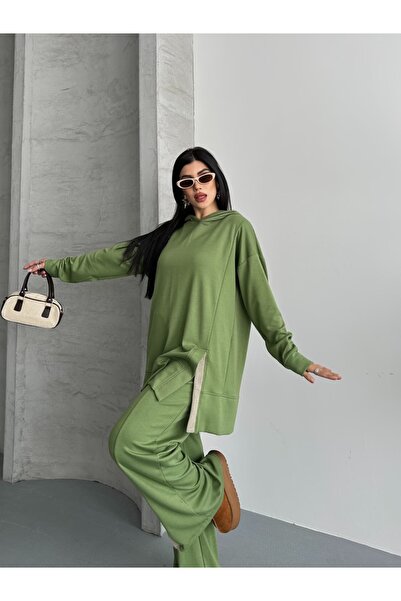 Moda İkra Women's Slit and Hoodie Bottom Top Set