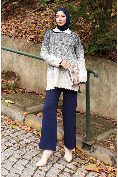 sefamerve Knitwear Tunic Trousers Double Set 1123-02 Navy Blue