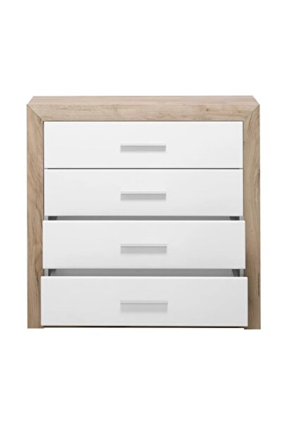 OSIM Comodă dormitor Etna 4F, 4 sertare, stejar gri și alb lucios, 93 x 90,5 x 35 cm