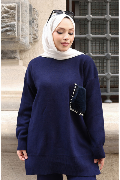 sefamerve Knitted pocket detail tunic and pants two-piece set 1093-03 navy blue