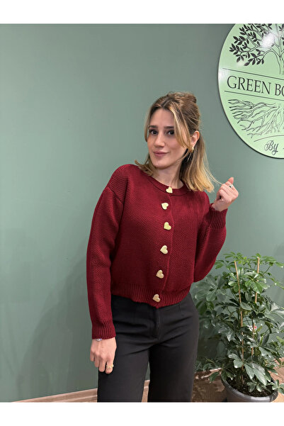 Greenboutique Gold Kalp Düğmeli Bisiklet Yaka Hırka Bordo