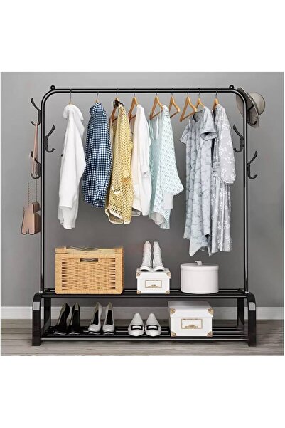 Arabest رف ملابس رف ملابس أرضي رف ملابس لغرفة النوم رف مزدوج عمود واحد أسود