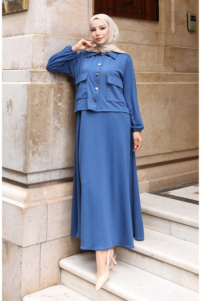 sefamerve Corded Fabric Button Jacket Dress Hijab Set 0219-04 Indigo