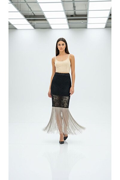 Eight Fashion Women's Lace Glitter Tasseled Stylish Flowy Viscose Skirt