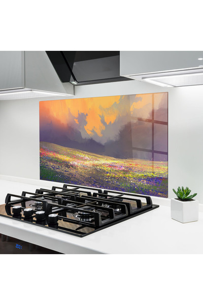 Arthub Kitchen Glass Panel, Stove Protection, Heat Resistant, Landscapes, Pretty Spring Field