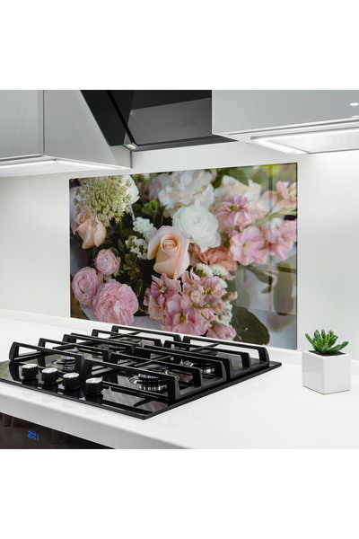 Arthub Kitchen Glass Panel, Stove Protection, Heat Resistant, Flowers, Beautiful Pink Pastel