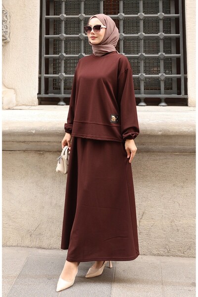 sefamerve Scuba Fabric Hijab Tunic Skirt Two-Piece Set 0221-04 Brown