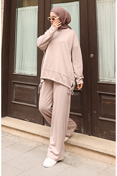 sefamerve Lace Detailed Hijab Trouser Suit 2175-02 Beige