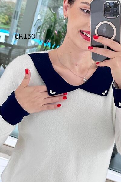 İnce Topuk Collared Stone Detail Bearded Knitwear Blouse 6K150