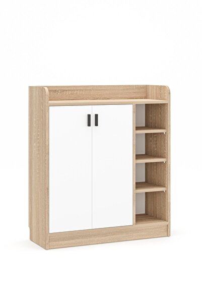 Hofga Palaz 4 Raflı 2 Kapaklı Dekoratif Ayakkabılık Beyaz Meşe