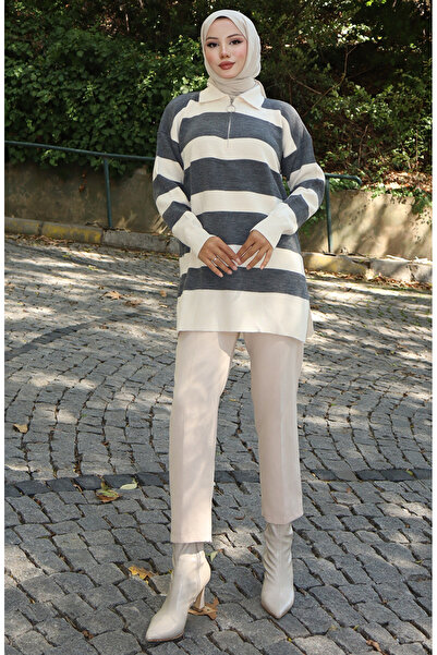 sefamerve Knitwear Color Block Zippered Tunic 3003-07 Gray