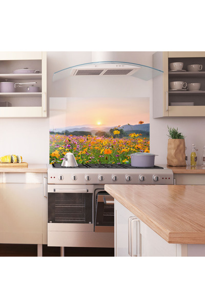 Arthub Kitchen Glass Panel, Stove Protection, Heat Resistant, Flowers, Sunset Mountain Flowerf