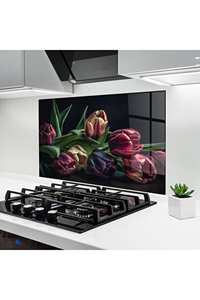 Arthub Panou Sticla Bucatarie, Protectie aragaz, Termorezistent, Flori, Dark ...