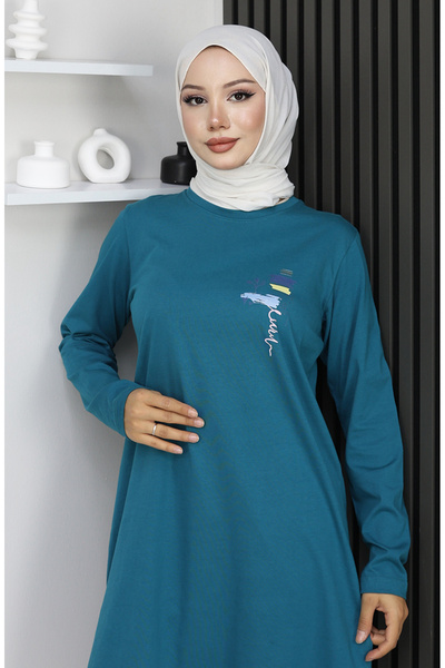 sefamerve Digital Fabric Slit Tunic 9135-04 Petrol