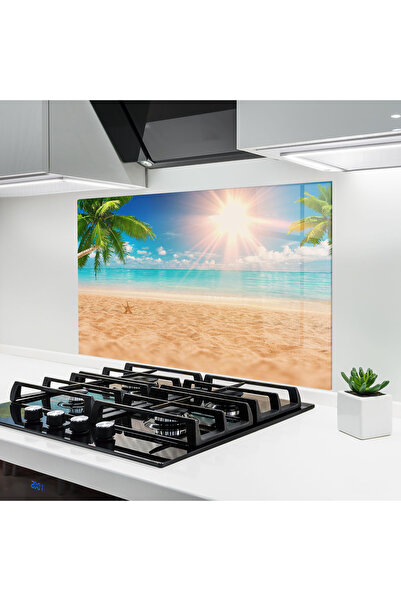 Arthub Kitchen Glass Panel, Stove Protection, Heat Resistant, Landscapes, Exotic Beach Ocean