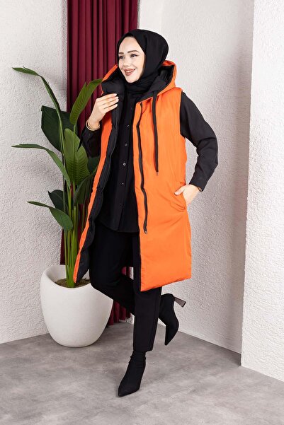 MİSSKAYLE Πορτοκαλί φουσκωτό γιλέκο με κουκούλα διπλής όψης