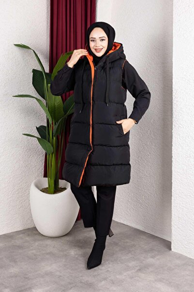 MİSSKAYLE Πορτοκαλί φουσκωτό γιλέκο με κουκούλα διπλής όψης