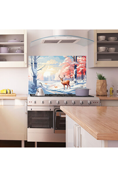 Arthub Kitchen Glass Panel, Stove Protection, Heat Resistant, Landscapes, Winter Deer Art