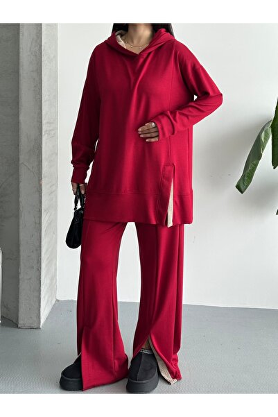 Moda İkra Women's Slit and Hoodie Bottom Top Set