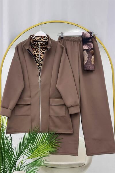 YEDİLALE Double Zippered Stand-Up Collar Leopard Printed Double Set [Includes Tunic and Pants]