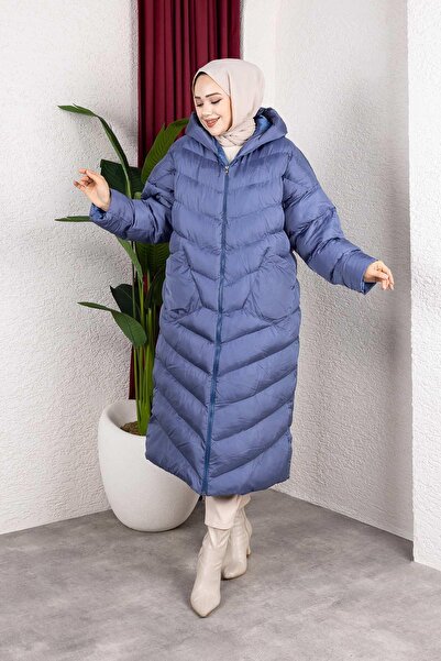 MİSSKAYLE Μπλε πουπουλένιο παλτό με τσέπες με κουκούλα