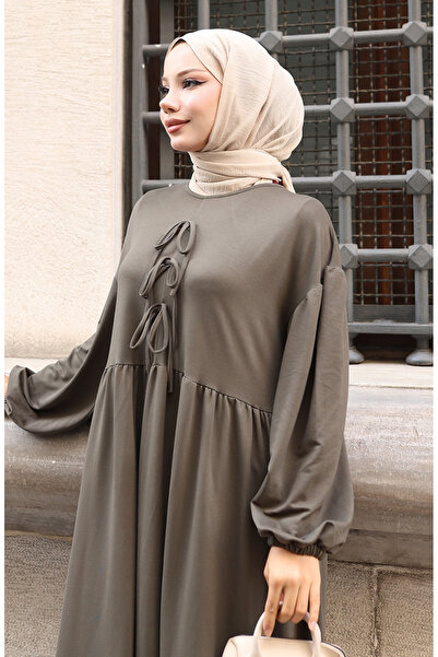 sefamerve Lace Detailed Comfortable Cut Hijab Dress 2171-02 Khaki