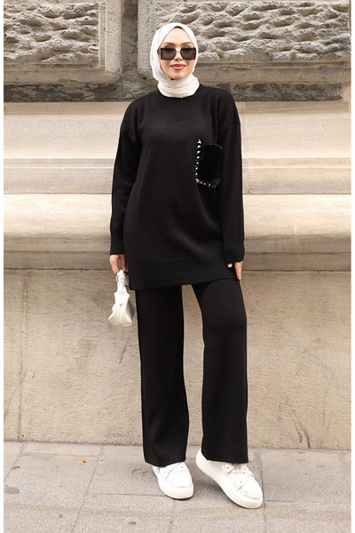 sefamerve Knitwear Pocket Detailed Tunic Trousers Double Set 1093-01 Black