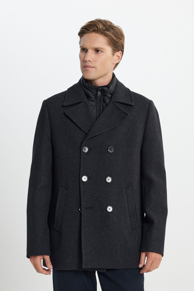 ALTINYILDIZ CLASSICS Anthracite Standard Fit Regular Cut Turn-Down Collar Wool Patterned Coat