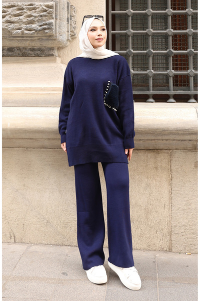 sefamerve Knitted pocket detail tunic and pants two-piece set 1093-03 navy blue