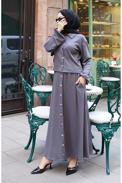 sefamerve Shirt Collar Hijab Tunic Skirt Two-Piece Set 0223-05 Anthracite