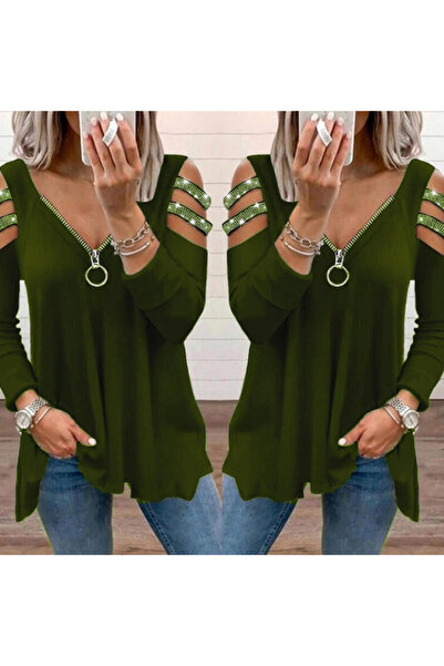 buğrahayalin Women's Khaki Sleeves Stone Embroidered Long Sleeve Zippered Viscose Blouse