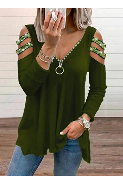 buğrahayalin Women's Khaki Sleeves Stone Embroidered Long Sleeve Zippered Viscose Blouse