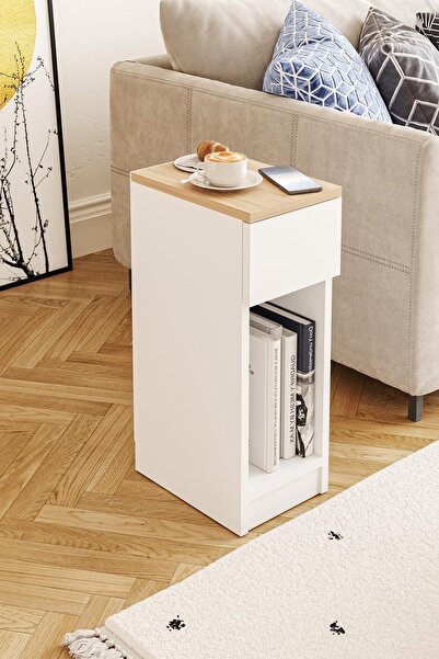 Hofga Truva Çok Amaçlı Çekmeceli Yan Sehpa Kitaplık Dekor Sehpa Beyaz Meşe