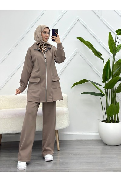 YEDİLALE Double Zippered Stand-Up Collar Leopard Printed Double Set [Includes Tunic and Pants]