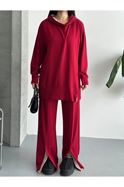 Moda İkra Women's Slit and Hoodie Bottom Top Set