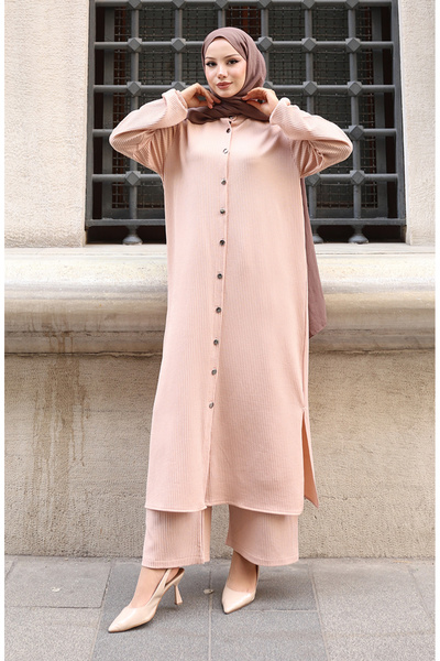 sefamerve Corded Fabric Button Hijab Trouser Suit 2176-03 Beige