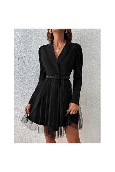 vuvutasarım Long Sleeve Jacket Collar Belt Detail Mini Tulle Imported Crepe Women's Dress 29860