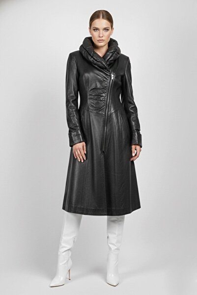 Deriderim Black Gathered Collar Zippered Slim Genuine Leather Long Women's Coat