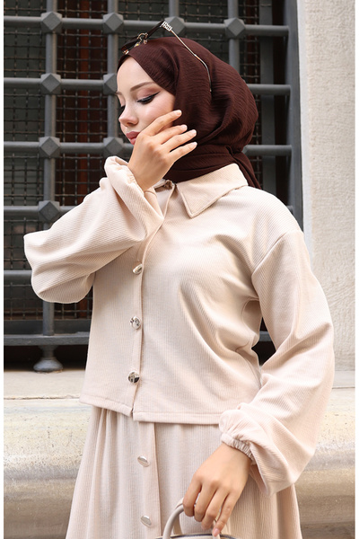 sefamerve Shirt Collar Hijab Tunic Skirt Two-Piece Set 0223-01 Beige