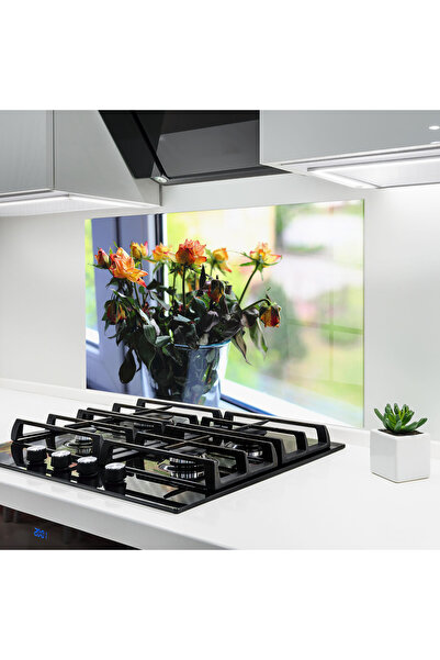 Arthub Panou Sticla Bucatarie, Protectie aragaz, Termorezistent, Flori, Red Y...